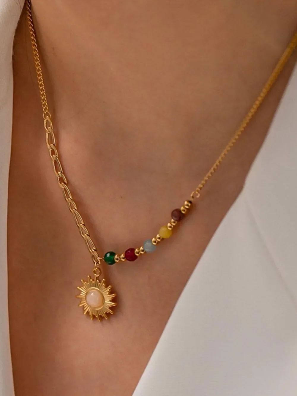 Gold Sun Pendant Necklace with Multicolor Beads R 562